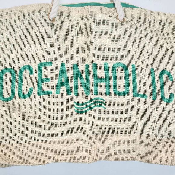 Pier27 Oceanholic Cream and Green Beach Bag with Rope Handle Natural Beach Bag - Picture 2 of 7